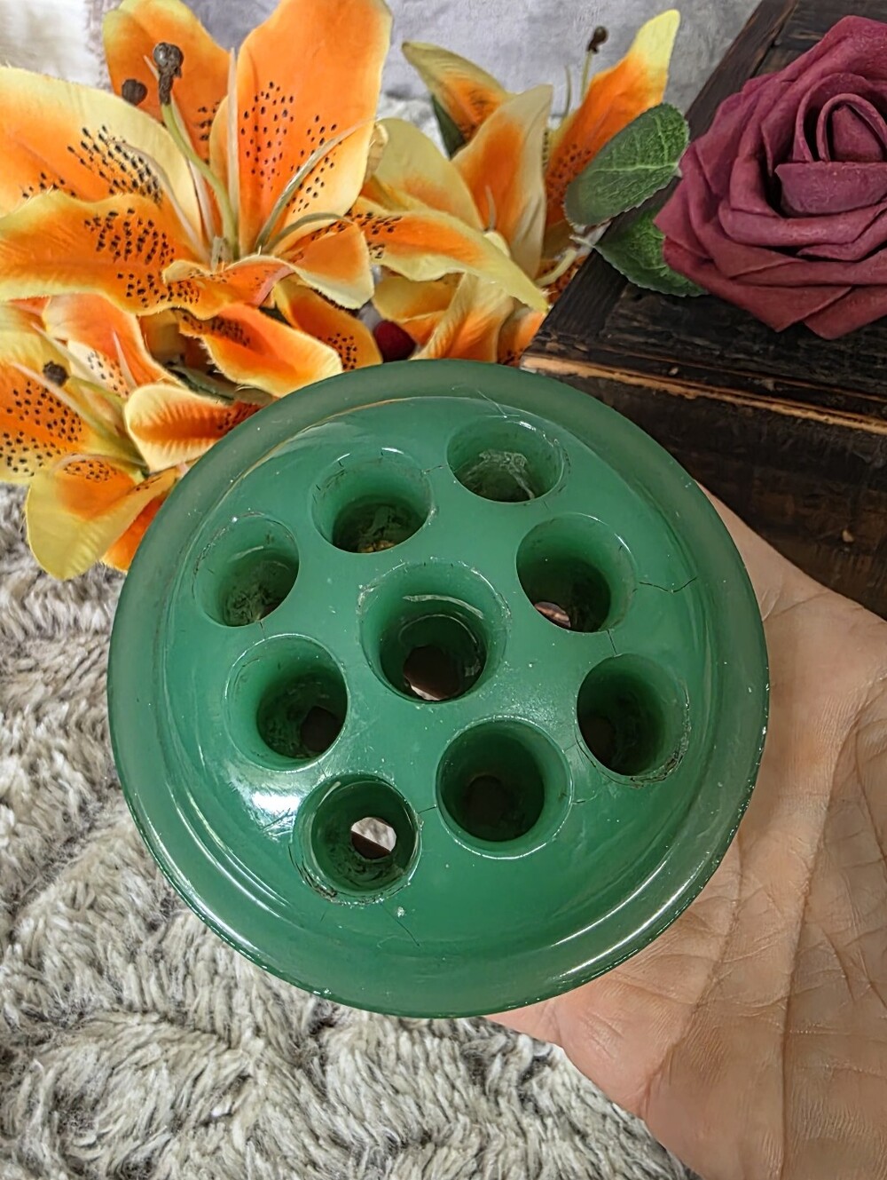 Vintage Flower Frog Pale Milky Green Glass Collectible Heavy Floral Accessory